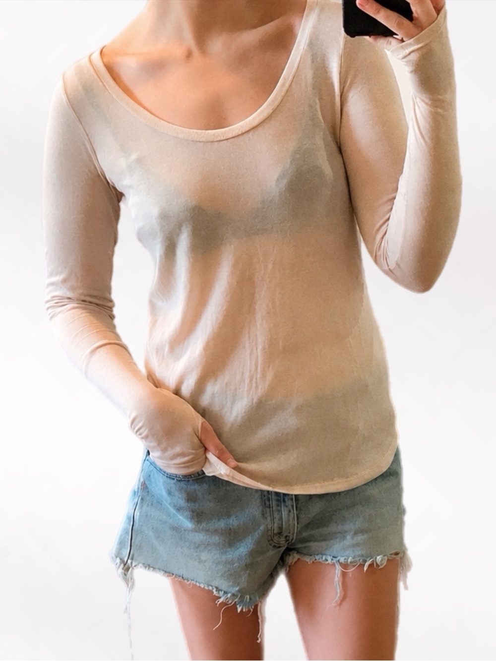 LEFT COAST Cream Nude Scoop Neck Long Sleeve T Shirt Top w/ Thumb Holes • Small